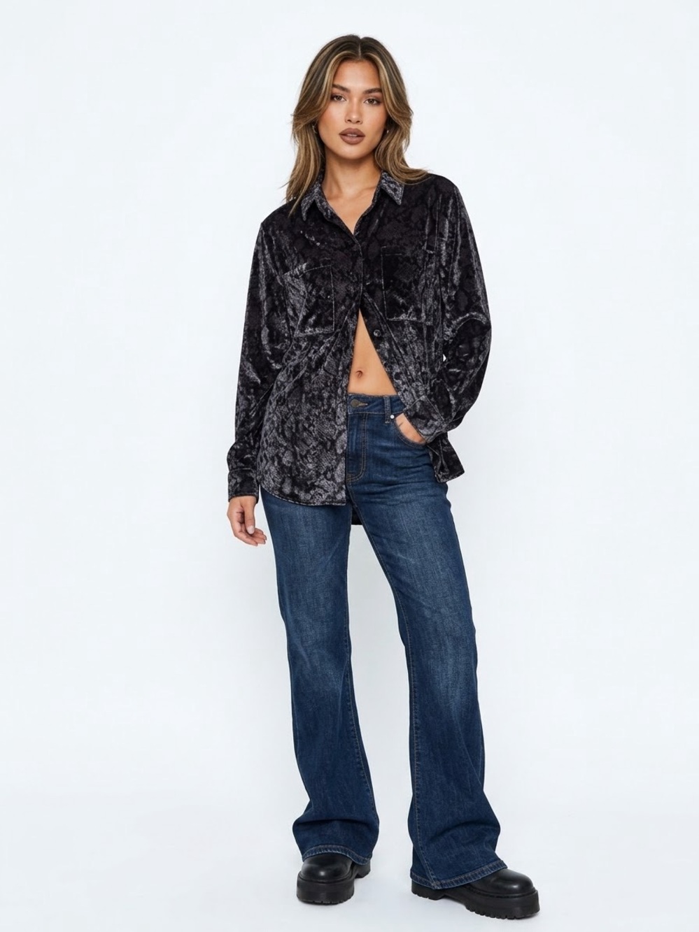 PILCRO Anthropologie Black Velvet Snakeskin Button Down Top - Size  XSP